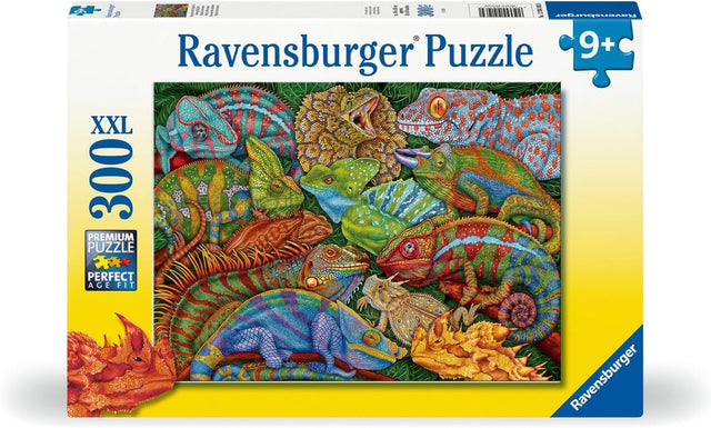 300pc Riveting Reptiles Puzzle featuring colorful chameleons, iguanas, and lizards in a vibrant, detailed design.