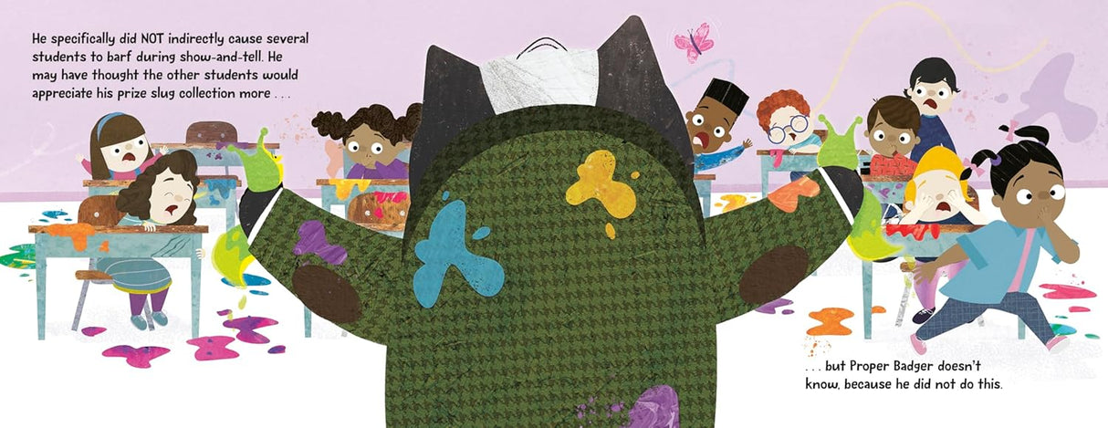 Proper Badger Would Never Trash the Classroom! shows a mischievous badger in a colorful, chaotic school setting.