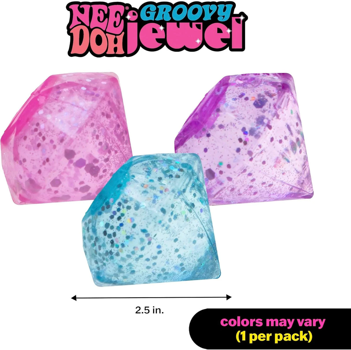 Three glittery, translucent NeeDoh Groovy Jewels in pink, purple, and blue with a 2.5 inch size indicator