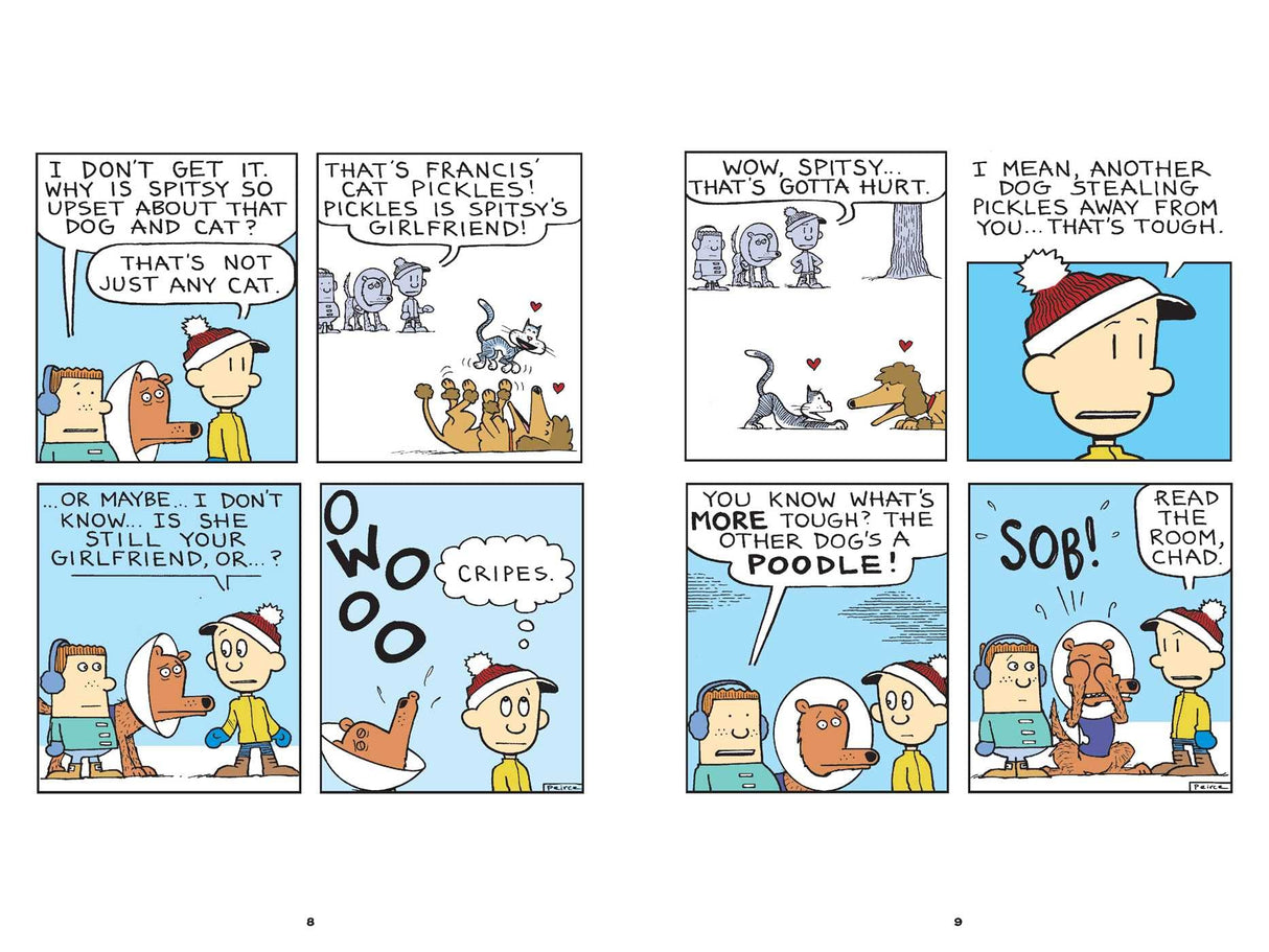 Big Nate comic strip from Big Nate: Nailed It! shows dog and cat talking about pickles and a lost dog.