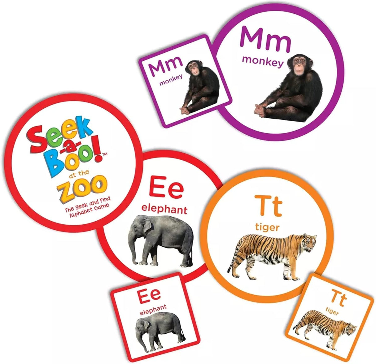 Seek a Boo at the Zoo matching game cards featuring colorful animals and letters for early learning fun.