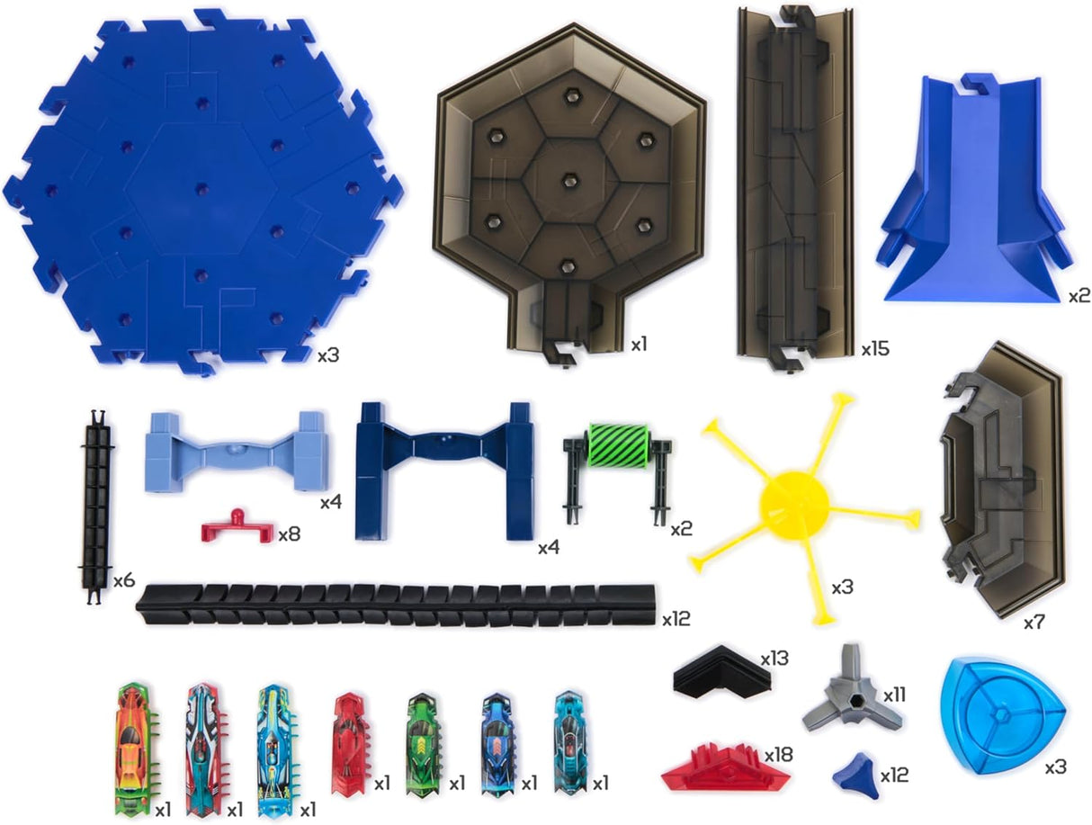 Hex Bots Nanotopia Playset with various snap-together track pieces, obstacles, and colorful nano bots for creative play.