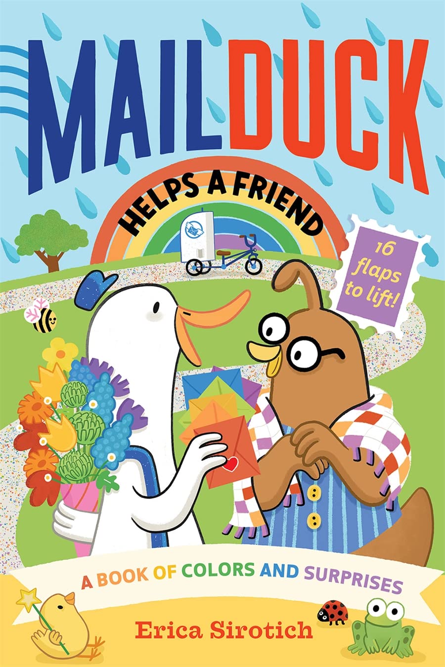 Mail Duck Helps a Friend Lift the Flap shows Mail Duck giving colorful envelopes and flowers to a friend.