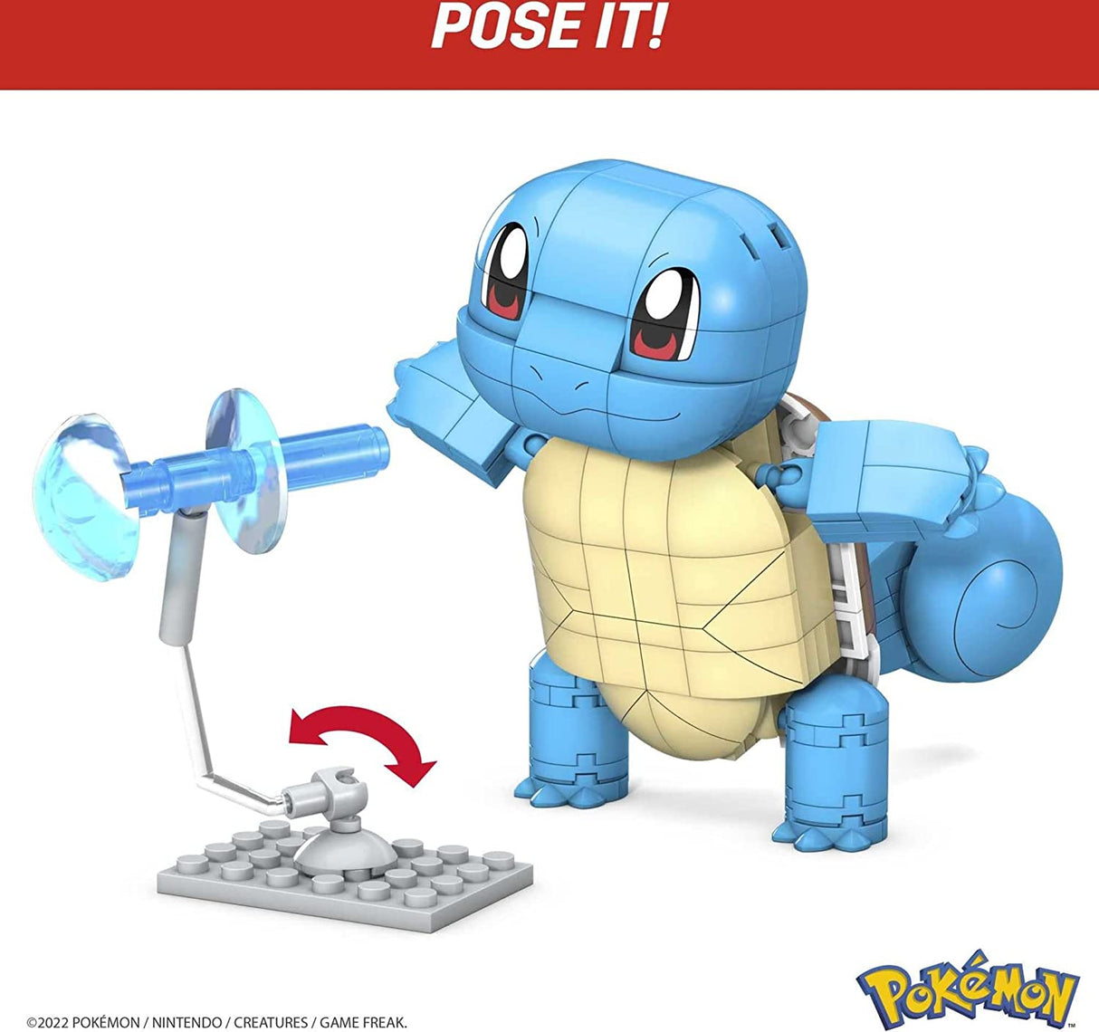 Mega Construx Pokemon Build & Show featuring a buildable Squirtle figure posed with a water attack accessory.
