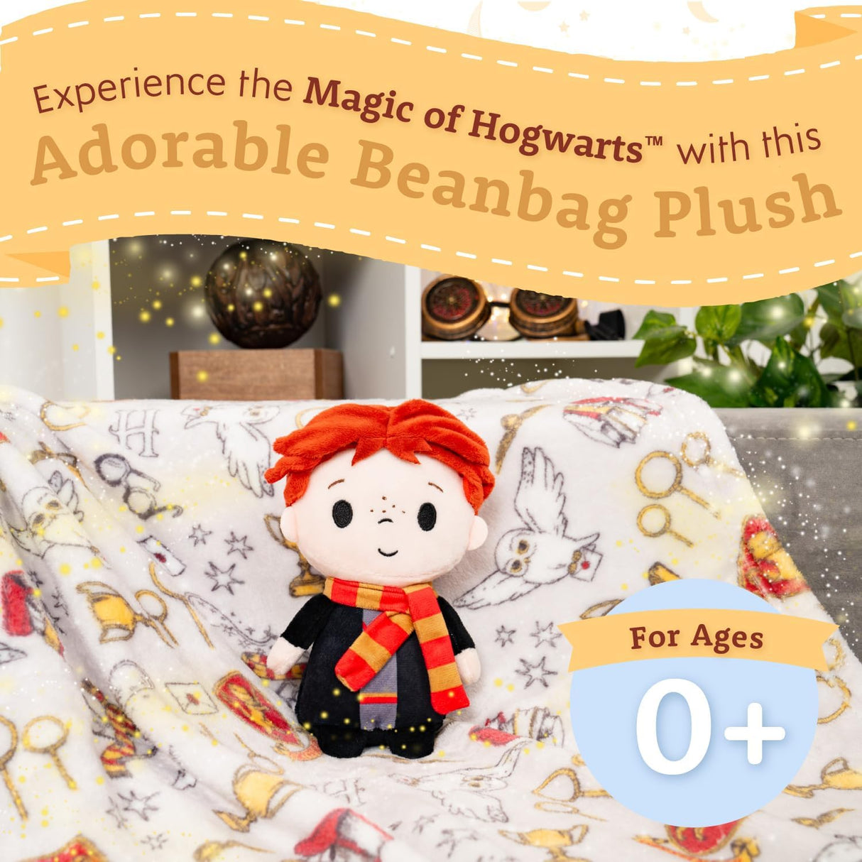 Harry Potter | Ron plush featuring cute red hair and Gryffindor scarf, perfect soft toy for kids ages 0 and up.