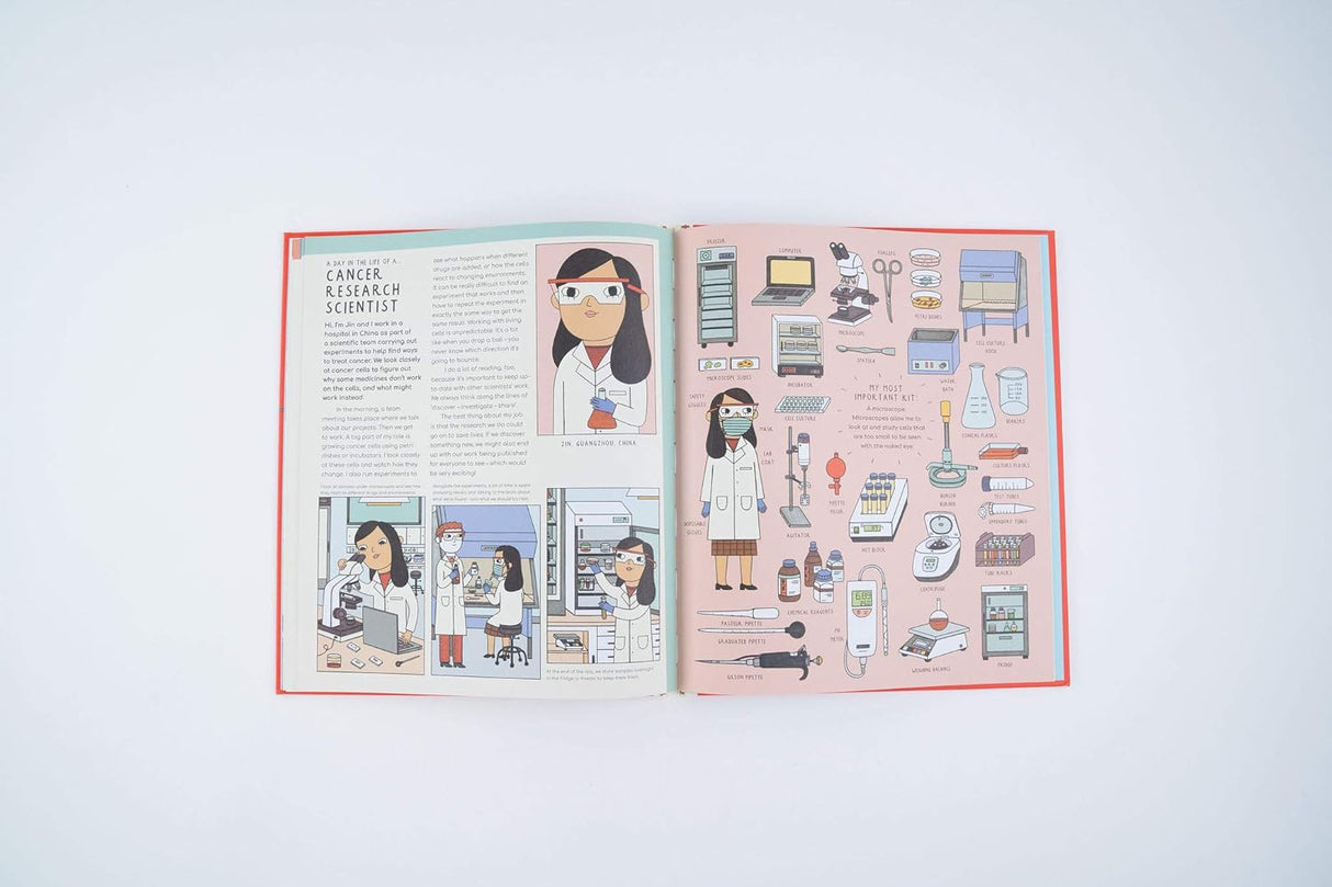 Life Savers book showing a cancer research scientist and detailed medical equipment illustrations inside.