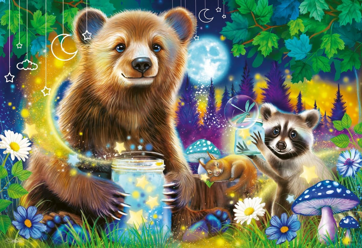 24pc Lovable Woodland Friends Puzzles showing a friendly bear and raccoon holding glowing jars in a magical forest scene.