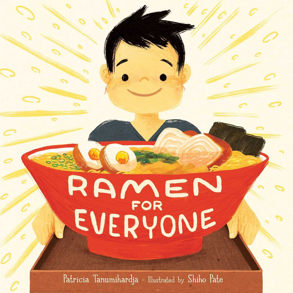 Illustration of a smiling child holding a large bowl of ramen with "Ramen For Everyone" on the bowl.