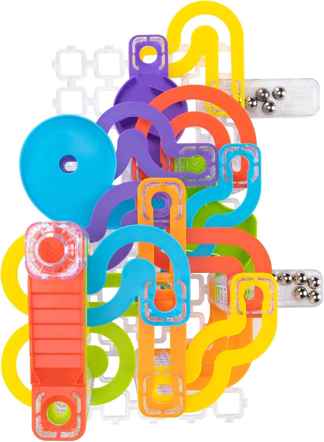 Trestle Tracks Deluxe Set colorful marble track pieces and hollow stacking cubes with stainless steel marbles on white background