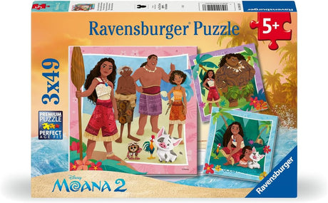 49pc Moana 2 Off to New Adventures Puzzles featuring colorful 3x49 piece kids puzzles based on Disney's Moana 2.