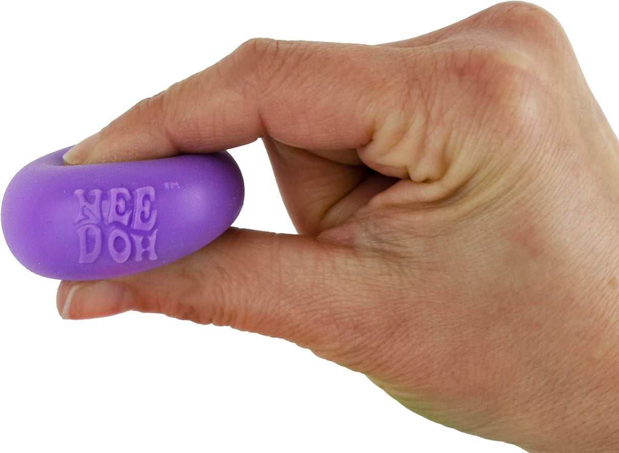 World's Smallest NeeDoh purple stress toy held between fingers, perfect portable fidget and stress relief ball.