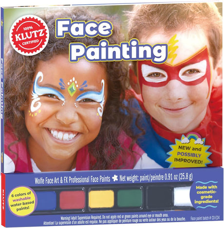 Face Painting kit showing kids with colorful face paint designs smiling and having fun.