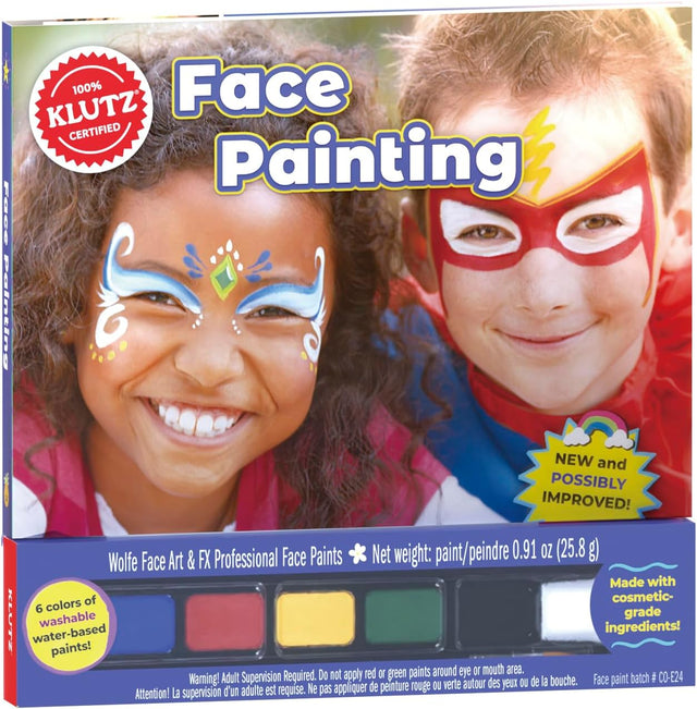 Face Painting kit showing kids with colorful face paint designs smiling and having fun.