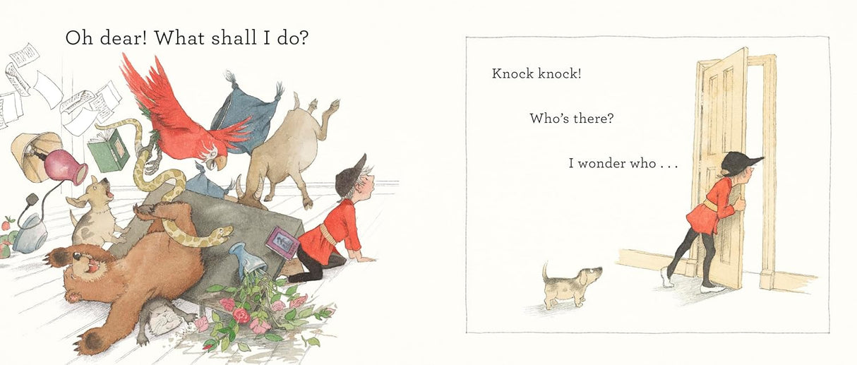 Oh Dear, Look What I Got! shows a boy surrounded by animals and a dog knocking at a door in a children's book scene.