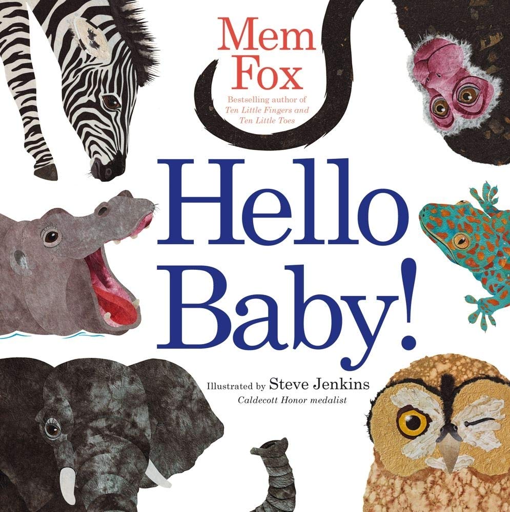 Cover of Hello Baby! featuring illustrated baby animals like a zebra, owl, elephant, and frog in a friendly design.
