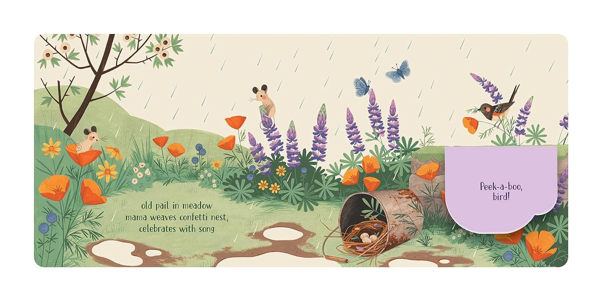 Peek A Boo Haiku Lift the Flaps board book page showing a meadow scene with animals and a purple flap revealing a bird.