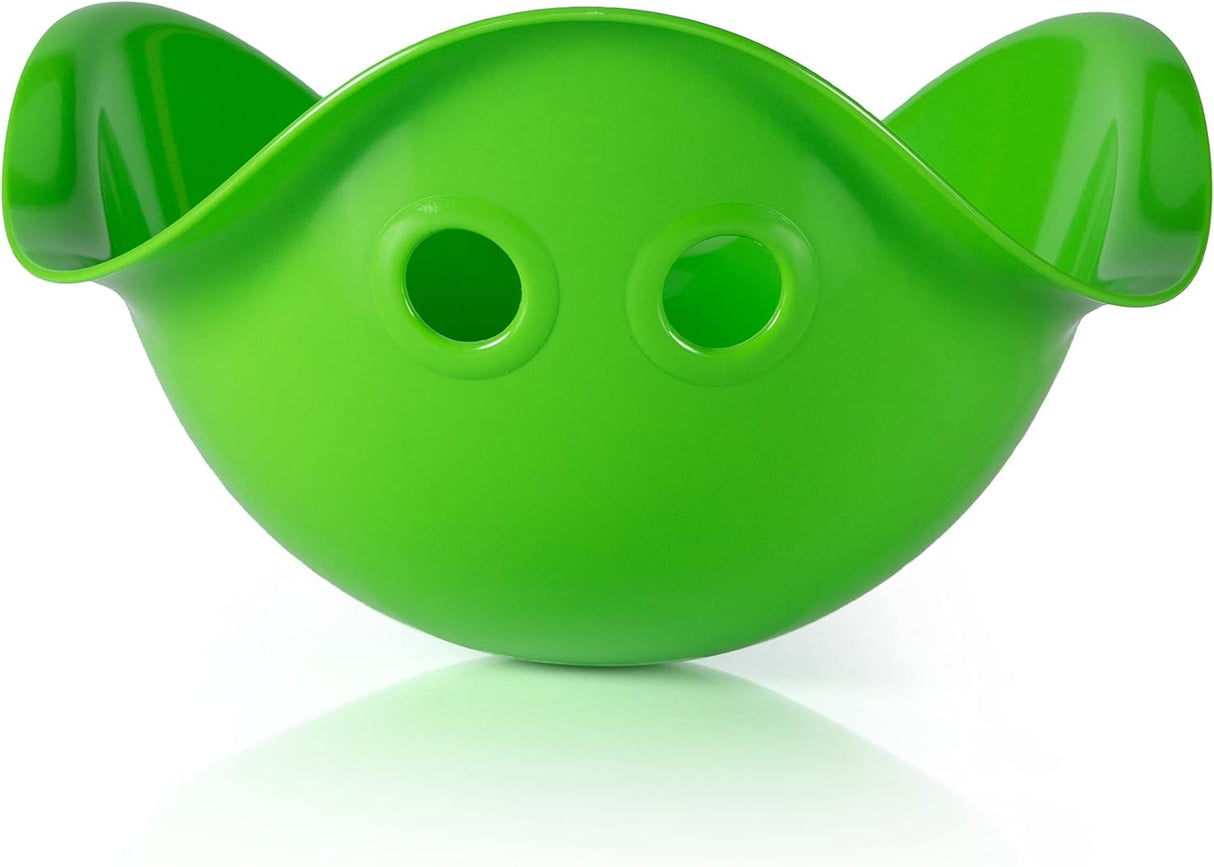 Bright green Bilibo toy shaped like a bowl with two holes, designed for imaginative and active play for kids.