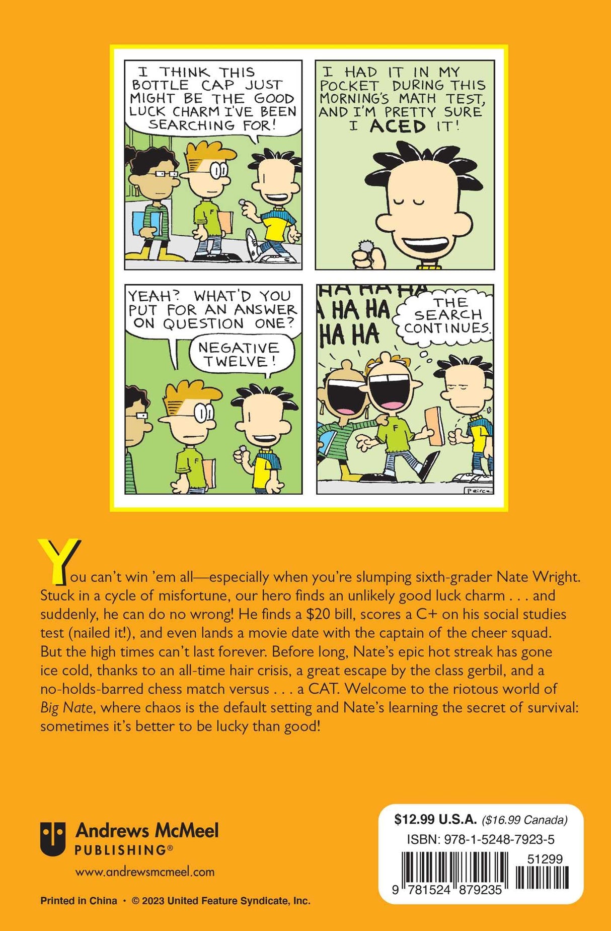 Big Nate: Nailed It! comic cover showing Nate and friends with a good luck charm and school test success.