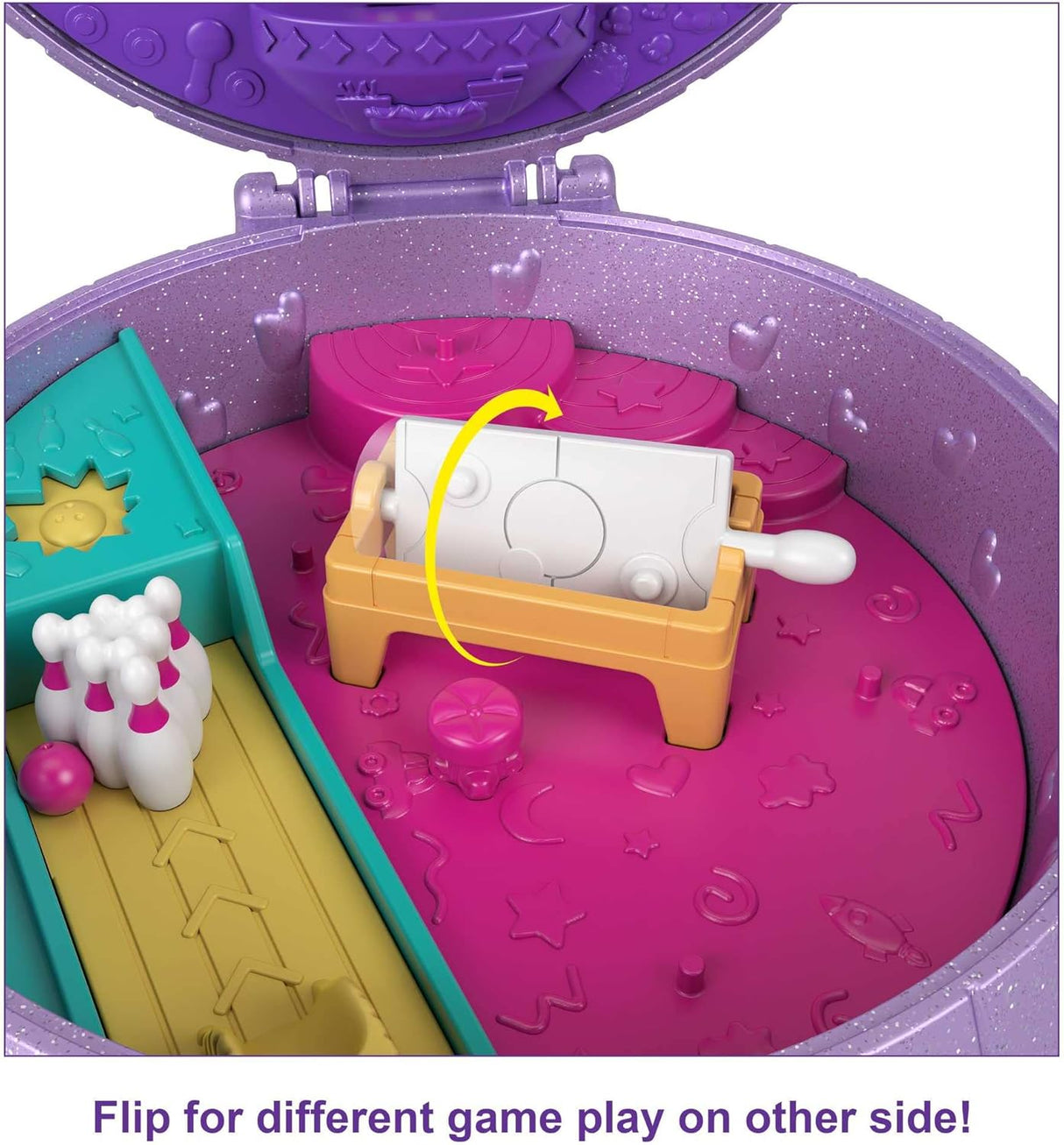 Polly Pocket Double Play Skating Compact showing bowling lane and foldable foosball table play areas inside.