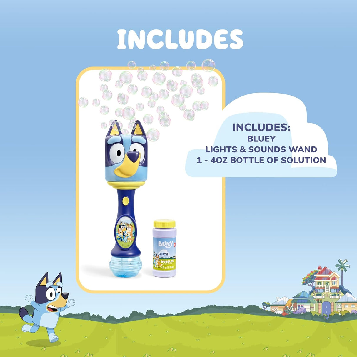 Bluey Lights & Sounds Bubble Wand with bubble solution bottle, featuring Bluey character and bubble play fun.