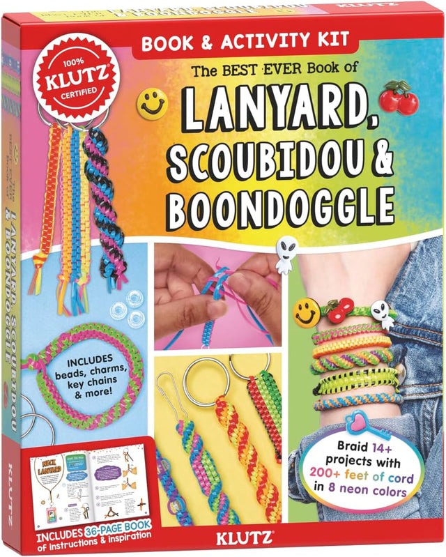 Lanyard Scoubidou & Boondoggle kit with colorful cords, charms, keychains, and 36-page activity book for braiding projects.