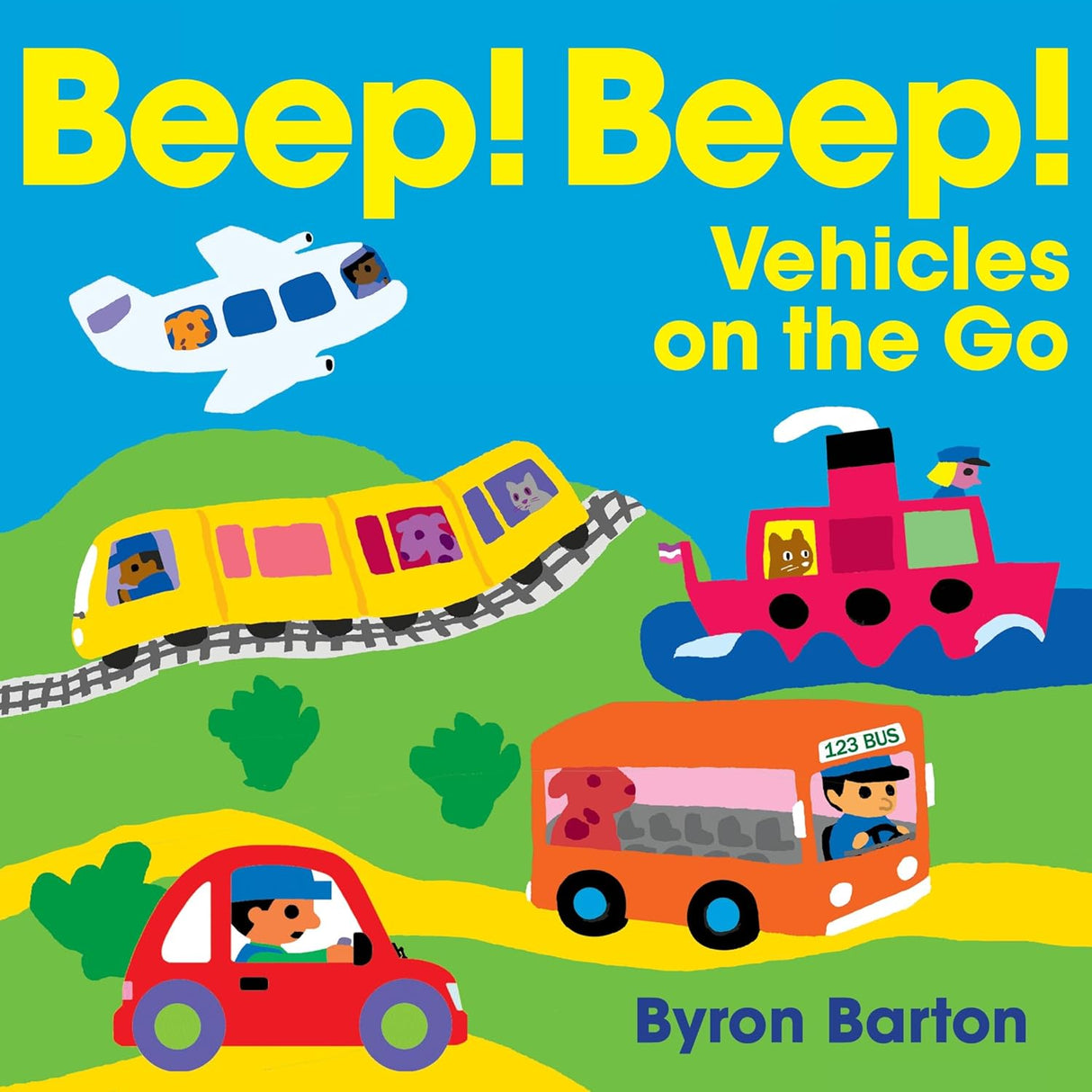 Beep! Beep! Vehicles on the Go board book cover featuring colorful vehicles like a plane, train, boat, bus, and car.