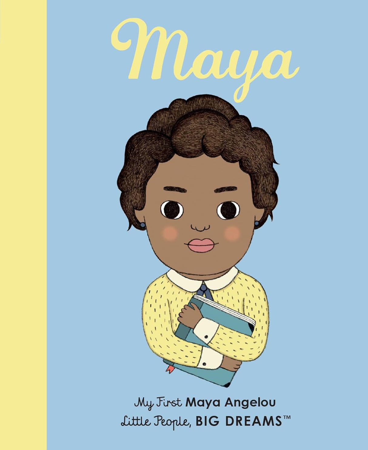My First Little People: Maya Angelou board book cover with illustration of young Maya holding a book on blue background.