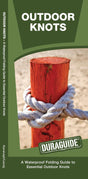 Pocket Outdoor Knots Waterproof guide showing a durable rope knot tied around a weathered red wooden post.