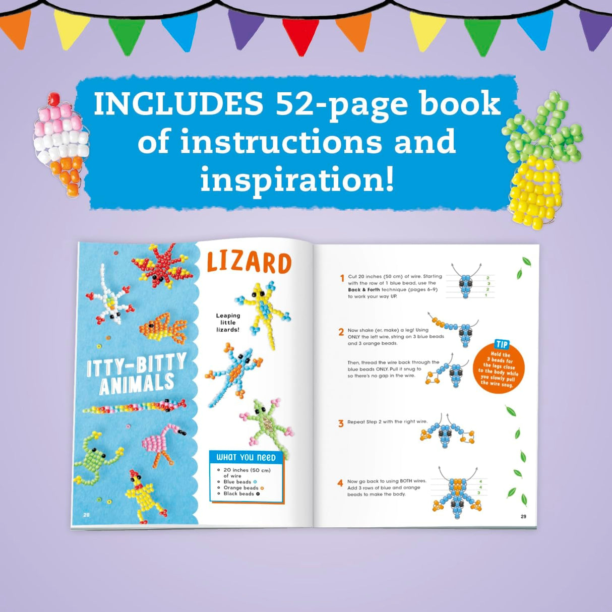 Beadlings Itty Bitty Charms showing colorful bead patterns and instructions for miniature lizard design.