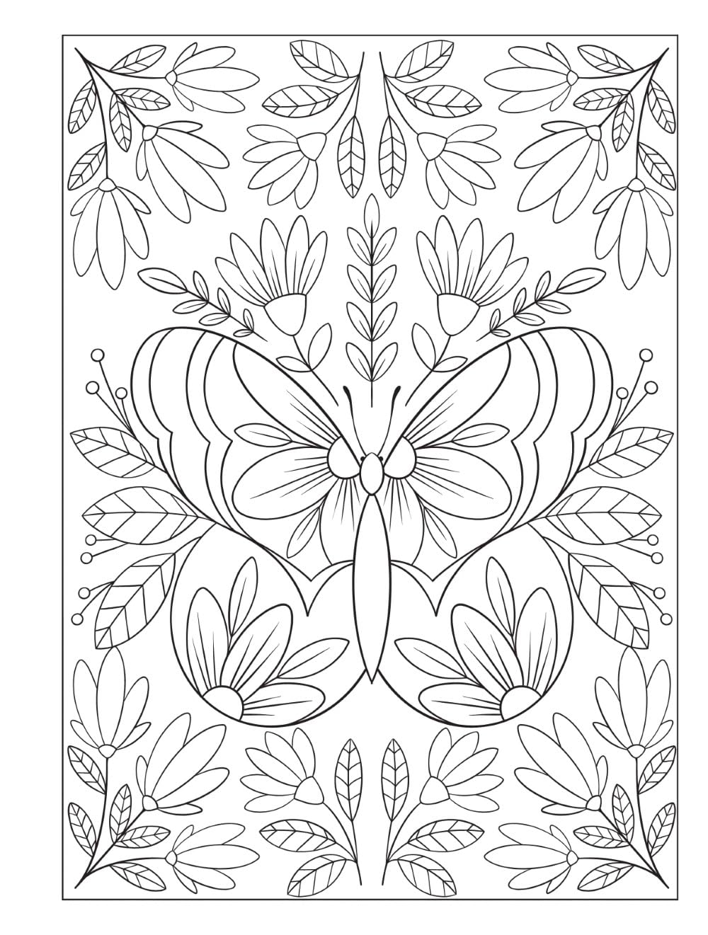 Boho Bugs Coloring Book page featuring a detailed butterfly surrounded by floral and leafy patterns for coloring.