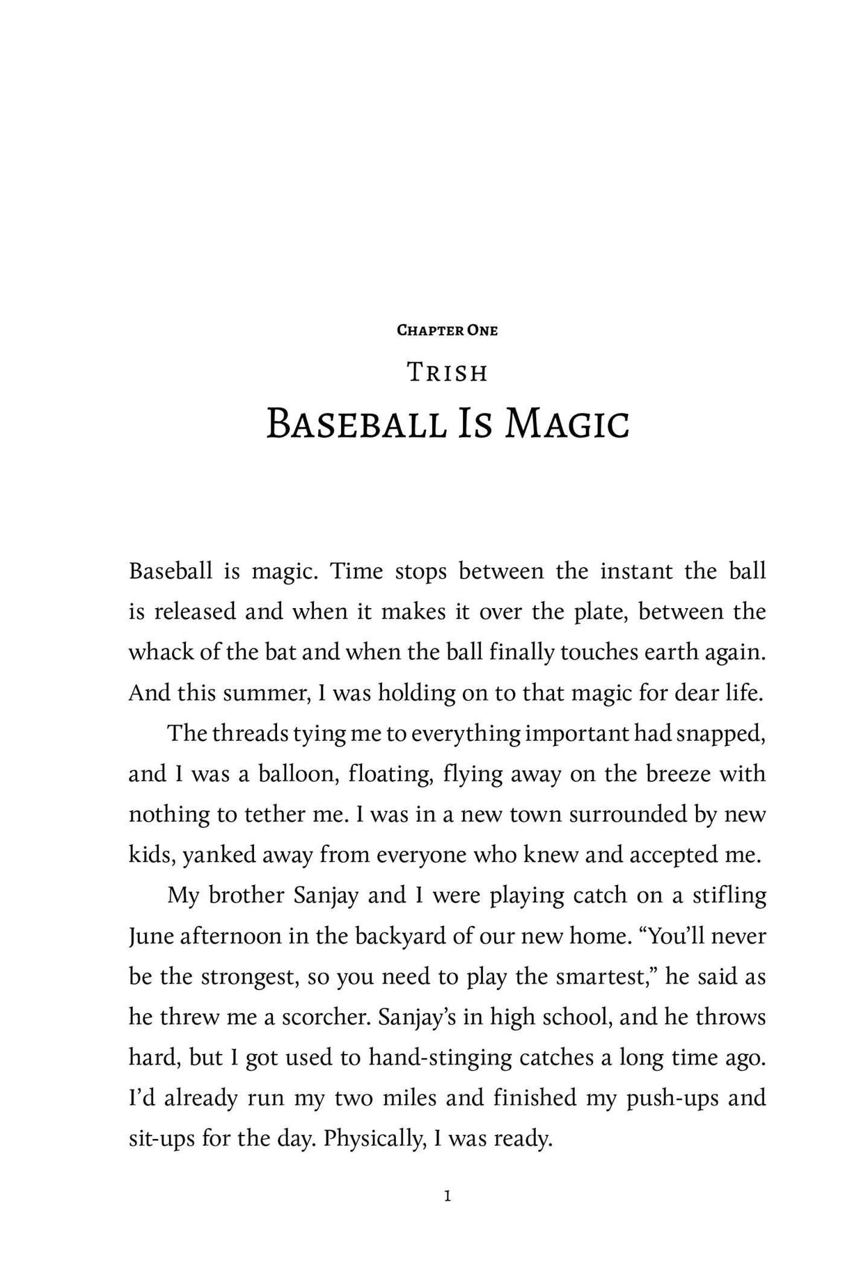 Page from "Much Ado About Baseball" showing chapter one titled Baseball Is Magic with text about baseball and growing up.