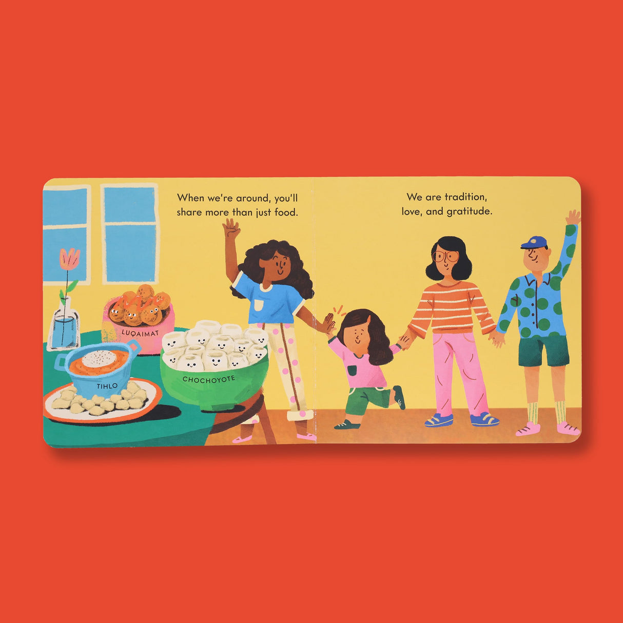 Illustration from Little Dumplings board book showing diverse family with traditional dumplings, sharing love and gratitude.