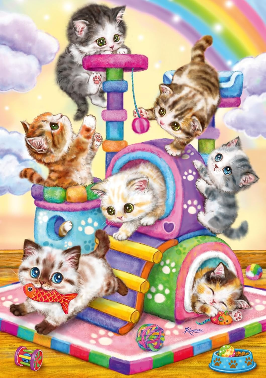 35pc Playful Purr Babies Puzzle featuring adorable kittens playing on colorful cat towers with toys and a rainbow background