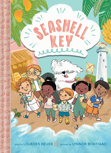 Seashell Key book cover with diverse children, a dog, lighthouse, and coastal town background in summery style.