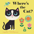 Where's the Cat? Flap Book cover with a cartoon black and white cat, flowers, and a bird on a yellow background.