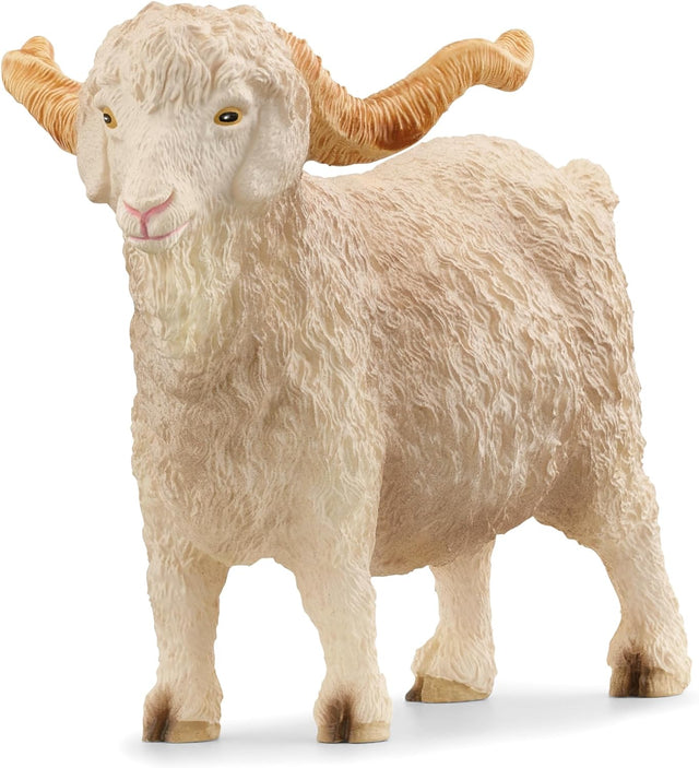 Angora Goat figurine with silky coat and curved horns, detailed and friendly looking collectible model.