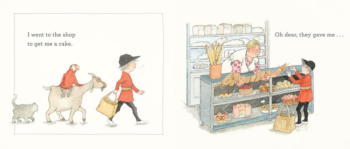 Oh Dear, Look What I Got! illustration of boy in shop with parrot on goat and bakery items on shelves.