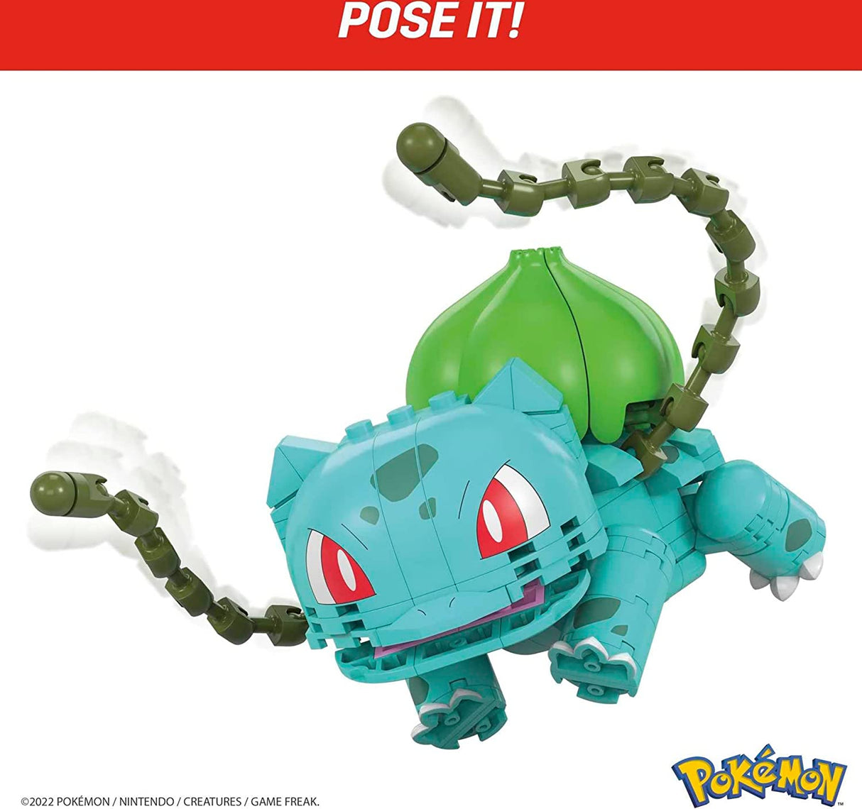 Mega Construx Pokemon Build & Show Bulbasaur figure posed in battle-ready position with articulated limbs and detailed design.
