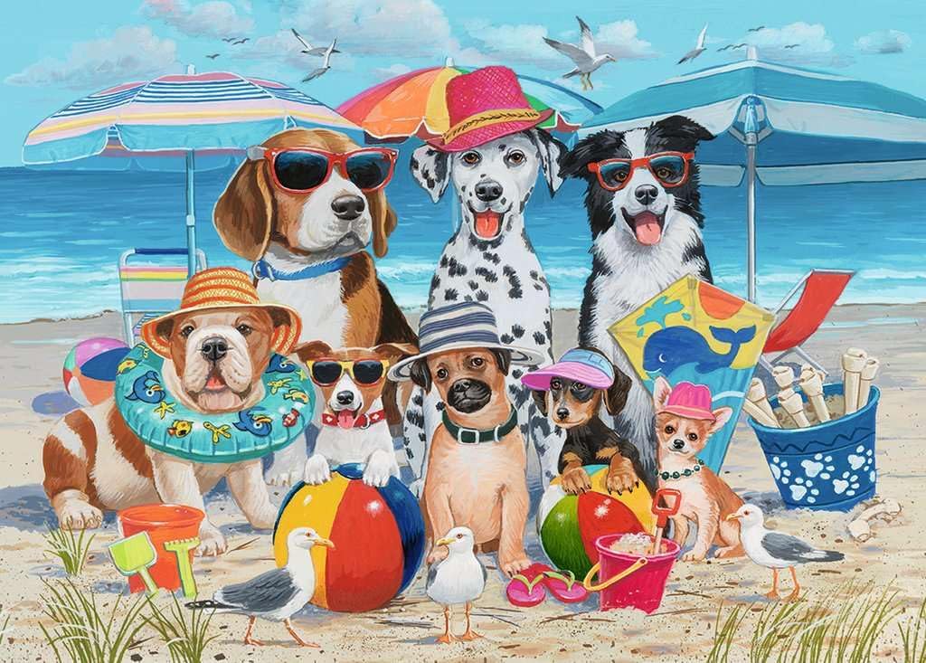 35pc Beach Buddies Puzzle showing dogs in hats and sunglasses playing on a colorful beach with umbrellas and toys.