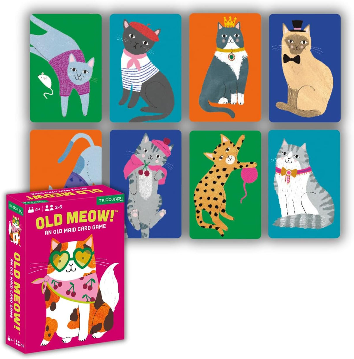 Old Meow! card game showing colorful cat illustrations on playing cards with a pink game box.