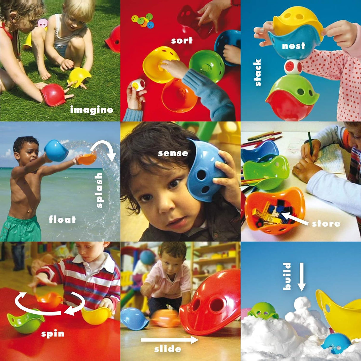 Children playing and stacking colorful Bilibo Mini toys encouraging creativity and motor skills development.