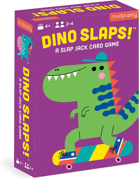 Dino Slaps! box featuring a colorful cartoon dinosaur on a skateboard, a family slap jack card game.