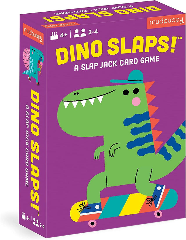 Dino Slaps! box featuring a colorful cartoon dinosaur on a skateboard, a family slap jack card game.