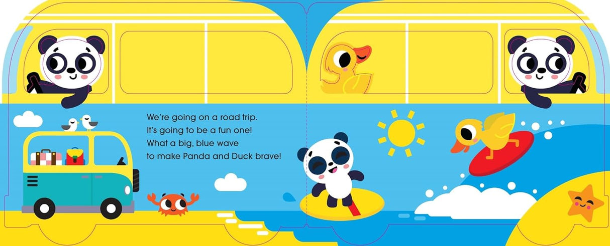 We're Going on a Road Trip board book spread with colorful pandas, duck, and beach-themed animal illustrations.