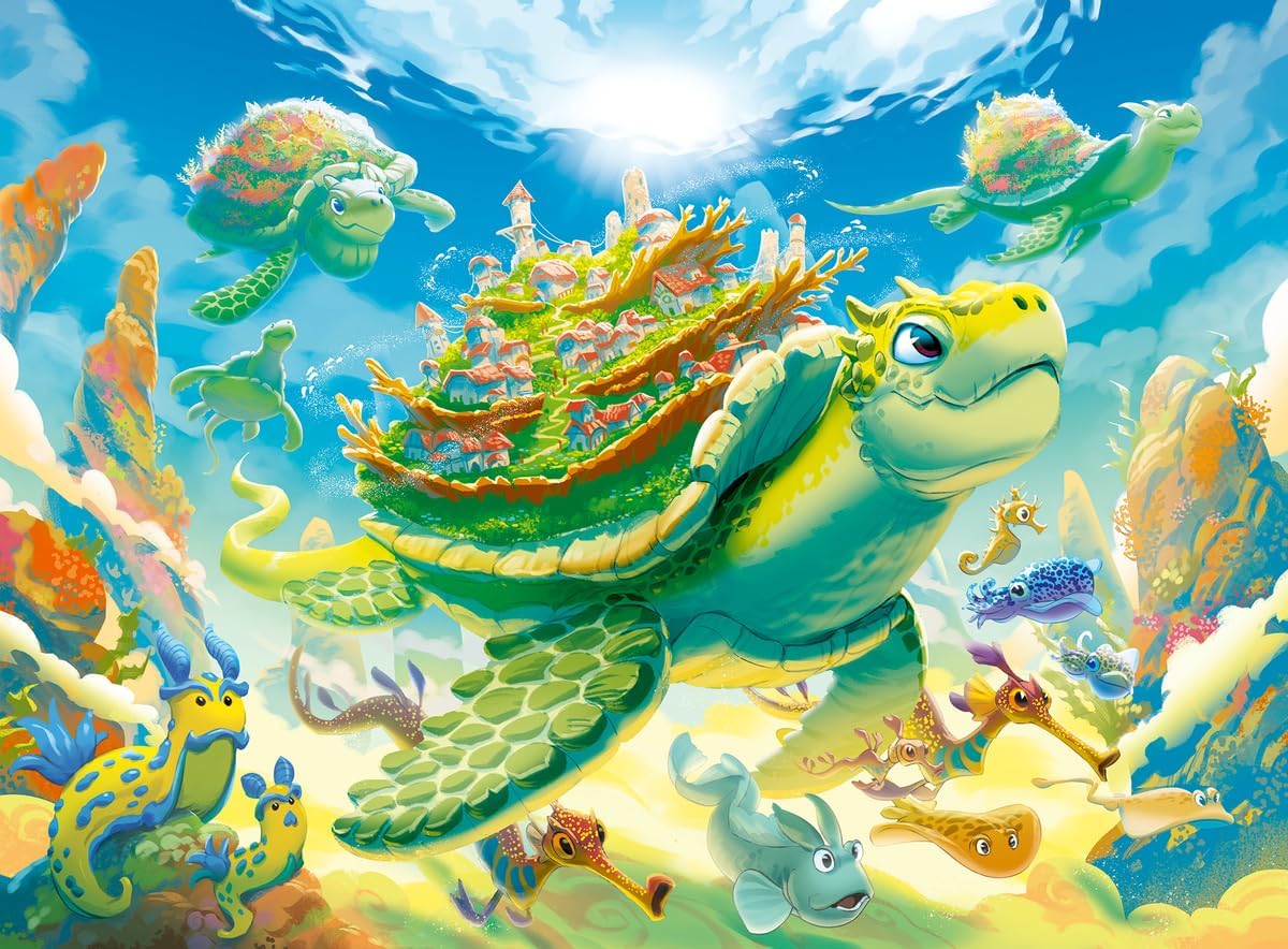 200pc Magical Underwater World Puzzle showing a sea turtle carrying a vibrant village with sea creatures swimming nearby.