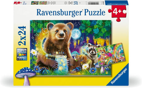 24pc Lovable Woodland Friends Puzzles featuring a bear, raccoon, and forest animals holding glowing jars in a colorful woodland scene.