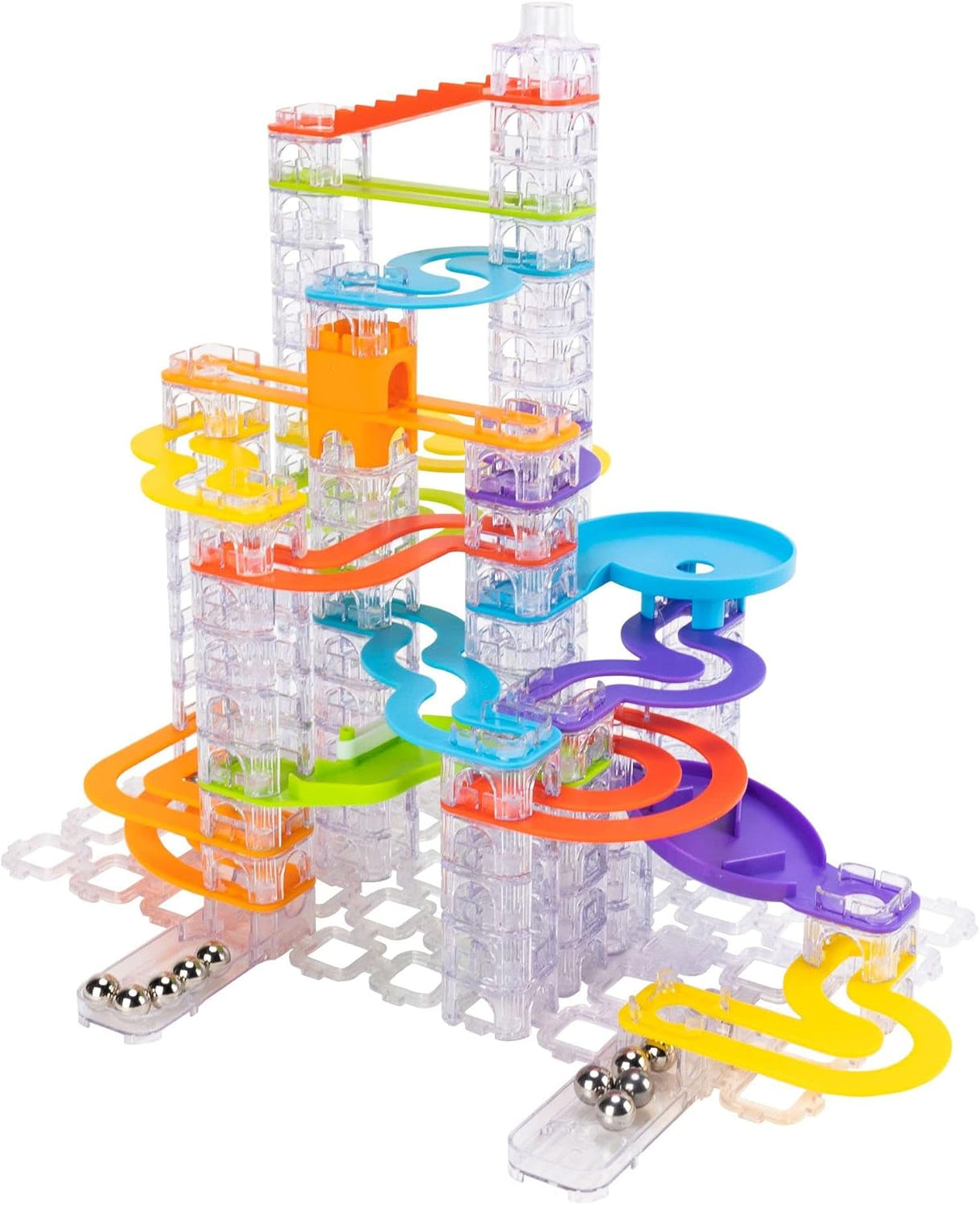 Trestle Tracks Deluxe Set with colorful stacking cubes, winding tracks, and stainless steel marbles for creative marble runs.