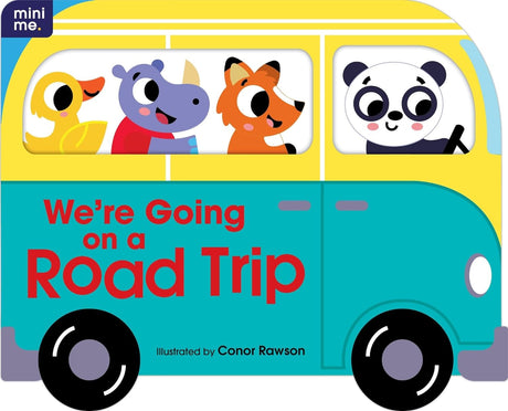 Colorful illustration of animals riding in a blue bus on the board book cover We're Going on a Road Trip.