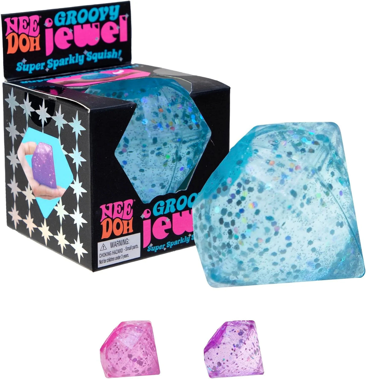 Blue glittery jelly-filled NeeDoh Groovy Jewel squishy toy with packaging and smaller pink and purple jewels.