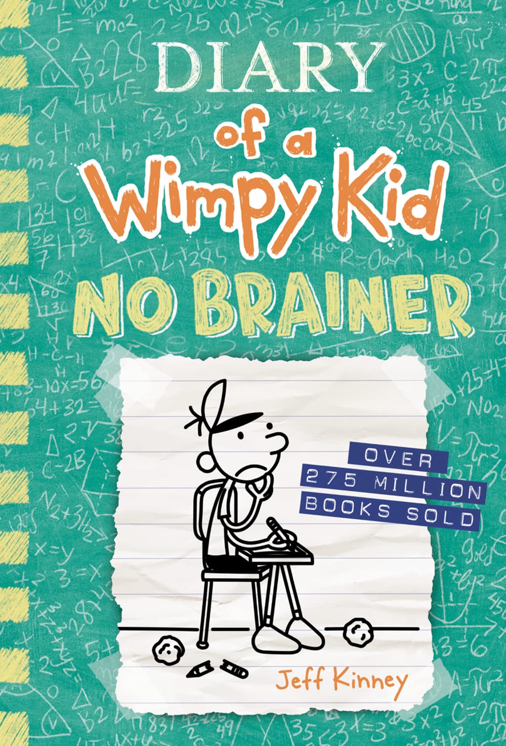 Diary of a Wimpy Kid #18: No Brainer book cover with cartoon Greg Heffley sitting at a desk thinking.
